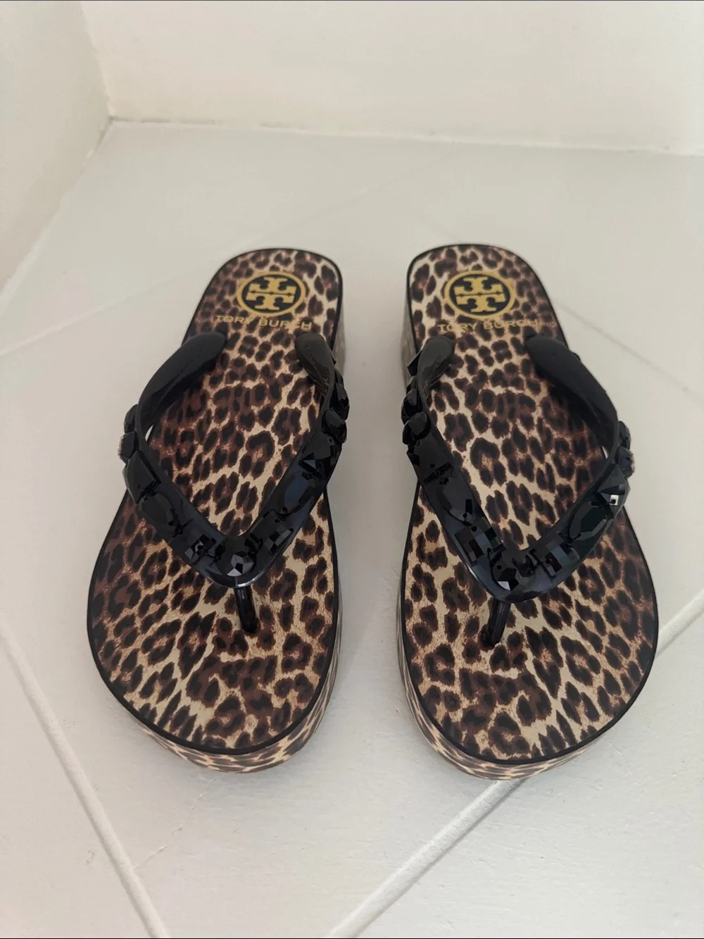 Tory Burch Leopard Print Wedge Sandals with Black Rhinestone Straps Size 6